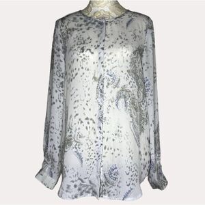 belissimo white blue gray Sheer blouse Long Sleeve Paisley Chiffon Small